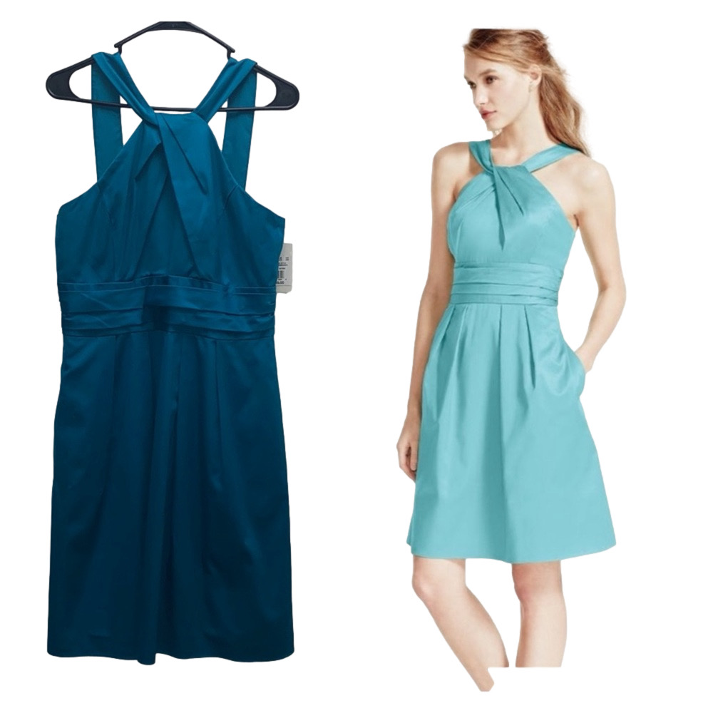 NWT David’s Bridal Y Neck Sateen A-line Halter Bridesmaid Formal Dress Size 10
